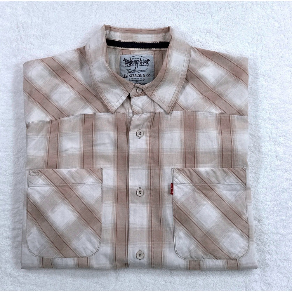 Levis Two Horse Mens Large Tan Cream Western Plaid Button Up Short Sleeve Shirt